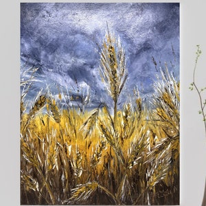 Wheat field painting Wall art of wheat fields Landscape painting Summer landscape Farm art Impasto oil painting Free Ship