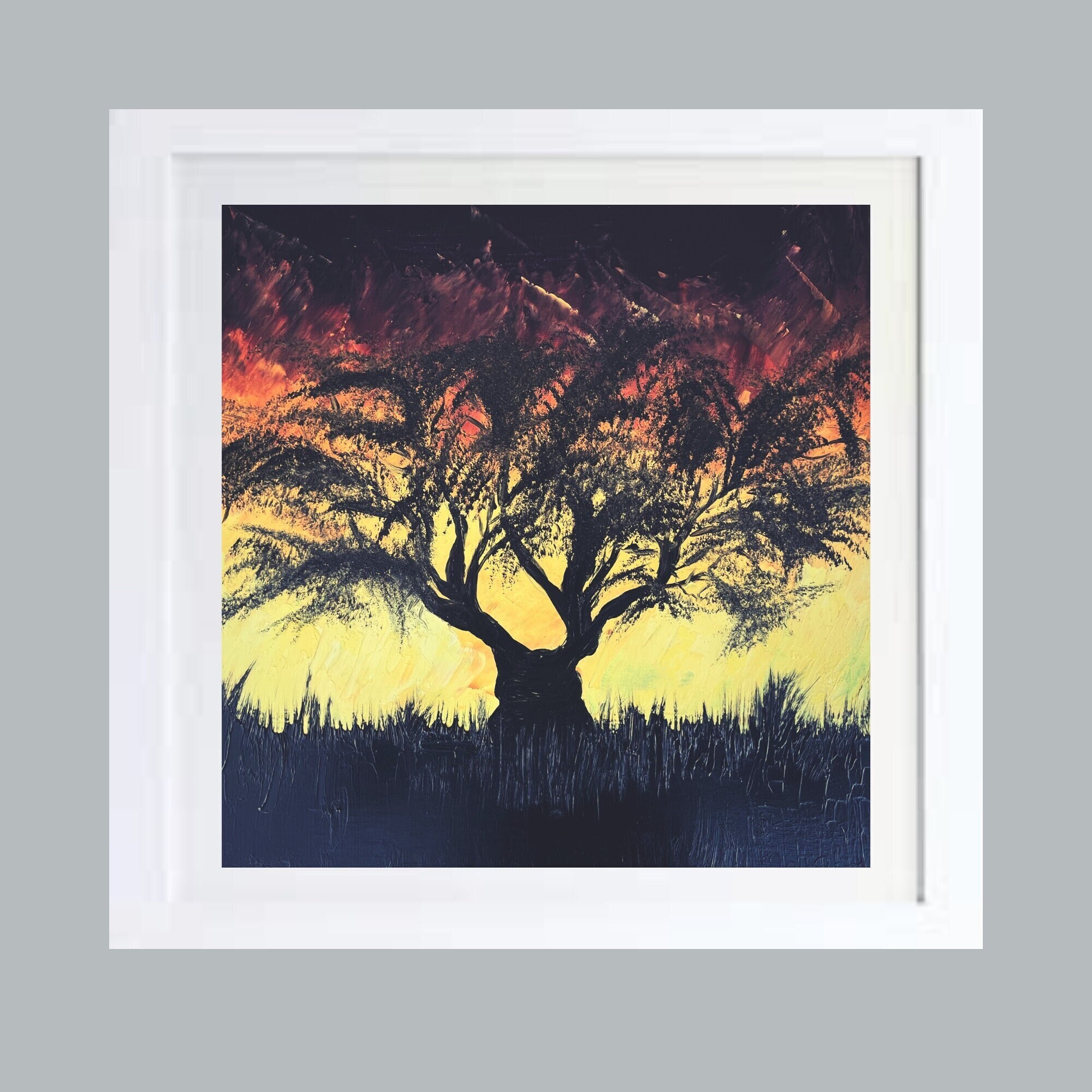 Peinture Noire Arbre Abstraction Mur Art Peinture Original Forêt Sunrise Impasto Style Afford Mural