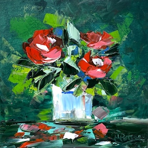 Red Flower oil painting on canvas original Art Roses abstract Small oil painting  Artwork Impasto Oil Art 8 by 8 inches