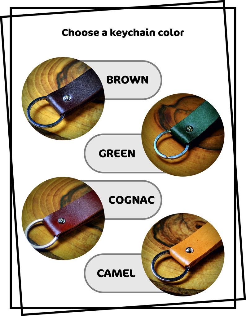 May include: Four leather keychains in different colors: brown, green, cognac, and camel. Each keychain has a silver key ring.