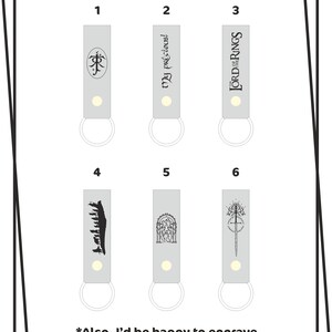 May include: Six different designs for a Lord of the Rings keychain. The designs include the One Ring, the words "My Precious!" and the words "The Lord of the Rings". The other designs include a silhouette of the Fellowship, a scene from the Mines of Moria, and the White Tree of Gondor.