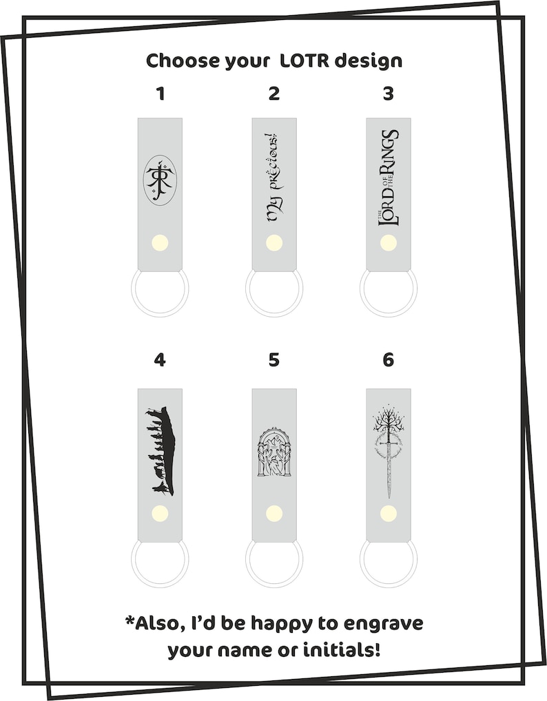 May include: Six different designs for a Lord of the Rings keychain. The designs include the One Ring, the words "My Precious!" and the words "The Lord of the Rings". The other designs include a silhouette of the Fellowship, a scene from the Mines of Moria, and the White Tree of Gondor.