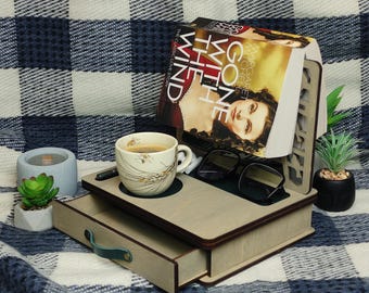 Personalized Nightstand Organizer,Desk Storage with Drawer,Book Holder With Drawer, Custom Stand For Reading, Wooden Book Valet,Reader Gift