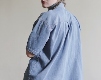 Vintage DENIM SHIRT Dark Blue Unisex Sturdy 80s Washed Classic Americana Short Sleeved 80s Retro Button Up Men's Women's Rocker Jeans Top