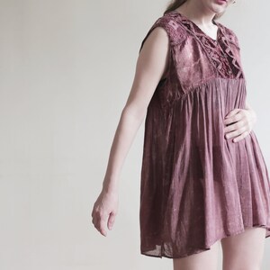 Vintage MINI DRESS Dark Chestnut Brown Retro Summer Cotton Above Knee Women's Laced Sleeveless Pastel Loose Trapeze Laced Tunic image 5