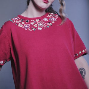 Vintage SHIRT Red Embroidered Retro Flower Pattern Short Sleeved Floral Cotton Shirt Women's 60s Bright Round Neck Hippy Boho Embroidery Top image 3