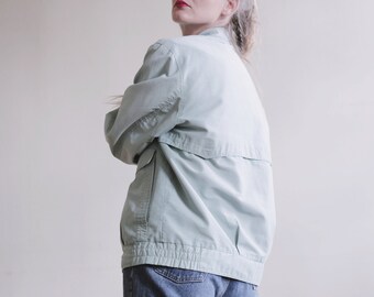 Vintage WINDBREAKER Mint Green Unisex Rain Bomber Jacket Retro 80s Raincoat Midi Women's Collared Shell Large Pockets