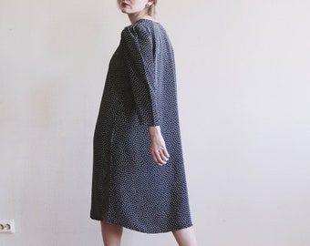 Vintage DRESS Dark Navy Blue White Polka Dot Midi Slit Women's Tunic Retro Loose Bellow Knee Long Sleeved Dotted Casual Summer Dress