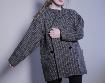 Vintage COAT Grey Women's Midi Winter Jacket Made in England Diagonal Stripes Elegant Double Breasted Classy Retro Minimalist Mod Overcoat