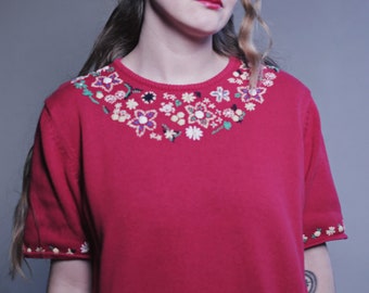 Vintage SHIRT Red Embroidered Retro Flower Pattern Short Sleeved Floral Cotton Shirt Women's 60s Bright Round Neck Hippy Boho Embroidery Top