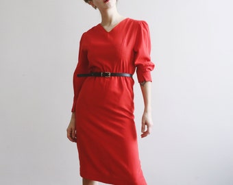 Vintage DRESS Scarlet Red Knee Length Midi Long Sleeved Retro Party V-neck A-line Classic Elegant Cocktail New Year's Warm Evening Dress