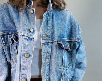 LEE COOPER DENIM Jacket Vintage Blue Distressed Acid Wash Badass Retro Women's 80s Batwing Sleeves Classic Rocker Jeans Jacket