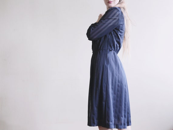 Vintage DRESS Dark Navy Blue Striped Retro Patter… - image 1