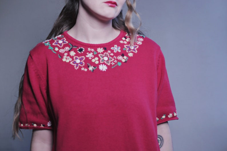 Vintage SHIRT Red Embroidered Retro Flower Pattern Short Sleeved Floral Cotton Shirt Women's 60s Bright Round Neck Hippy Boho Embroidery Top image 1