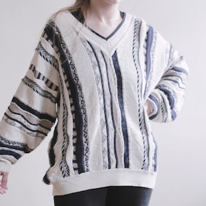 Vintage SWEATER Biały Niebieski Paski Dekolt w Serek Retro Wzór Oversize Baggy Hippy Boho y2k Wygodny Damski Wielokolorowy Luźny Dziewczęcy Sweter
