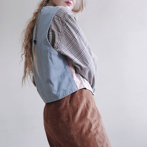 Vintage VEST Blue Denim Back Multicolored Striped Front Groovy Retro Unisex Men's Women's Western Striped Waistcoat 70s Rocker Rainbow Top
