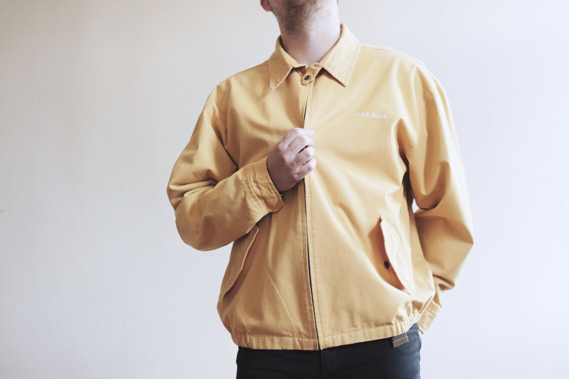 Vintage BOMBER JACKET Mustard Yellow Men's Cotton Retro Pastel 70s