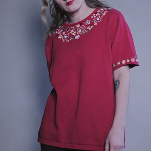 Vintage SHIRT Red Embroidered Retro Flower Pattern Short Sleeved Floral Cotton Shirt Women's 60s Bright Round Neck Hippy Boho Embroidery Top image 7