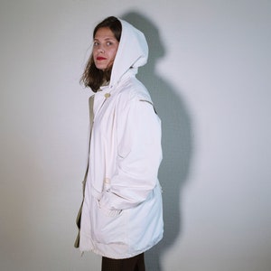 Vintage COAT White Floral Patterned Hood Spring Autumn Jacket Retro Midi 80s Windbreaker Hooded Women&#39;s Large Pockets Cute Coat