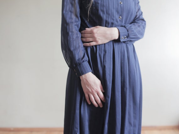 Vintage DRESS Dark Navy Blue Striped Retro Patter… - image 6