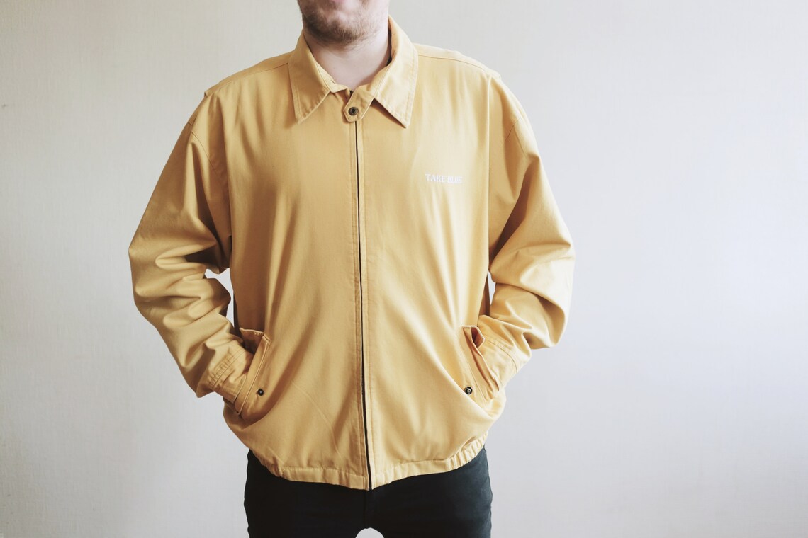 Vintage BOMBER JACKET Mustard Yellow Men's Cotton Retro Pastel 70s