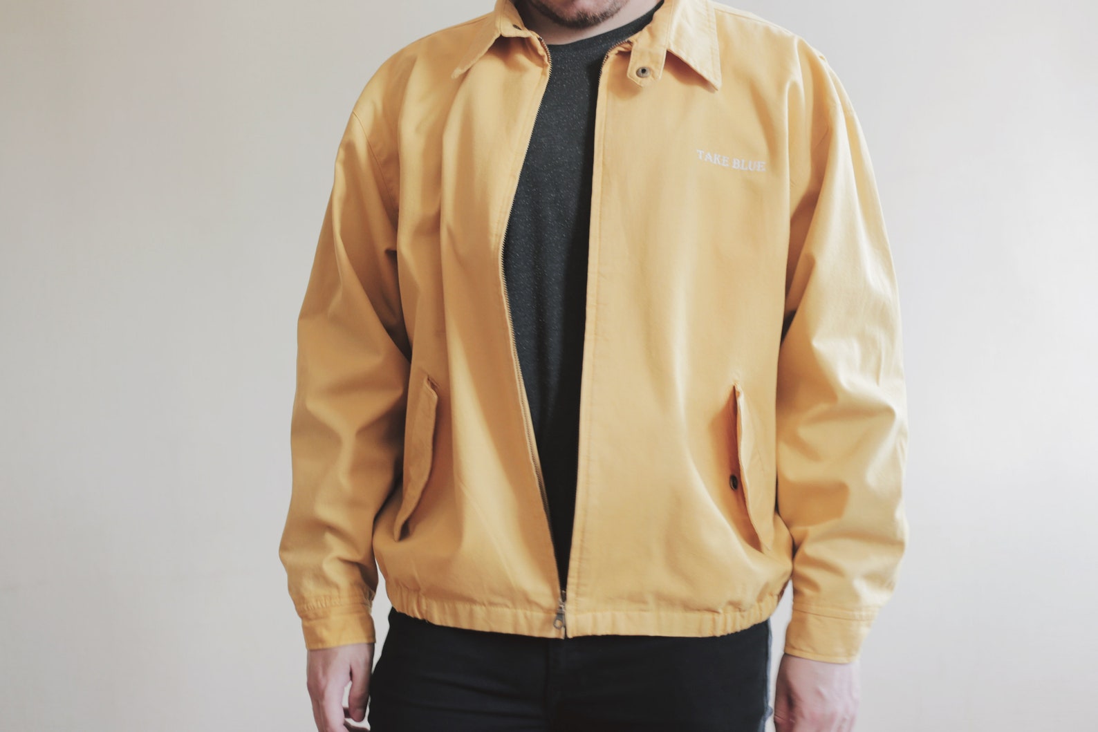 Vintage BOMBER JACKET Mustard Yellow Men's Cotton Retro Pastel 70s