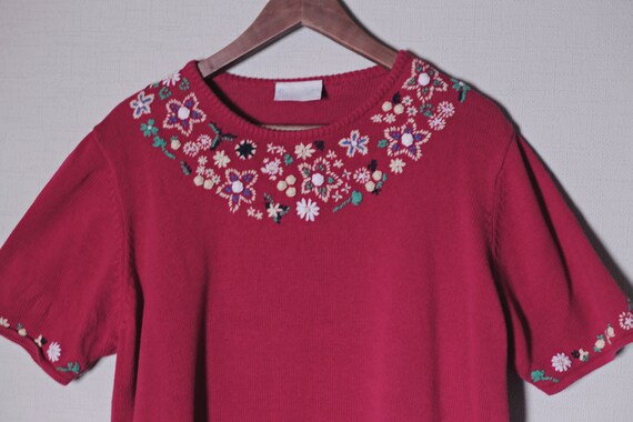 Vintage SHIRT Red Embroidered Retro Flower Patter… - image 9