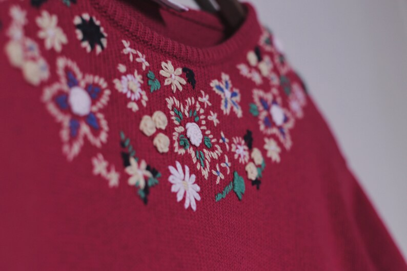 Vintage SHIRT Red Embroidered Retro Flower Pattern Short Sleeved Floral Cotton Shirt Women's 60s Bright Round Neck Hippy Boho Embroidery Top image 8