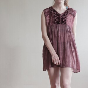 Vintage MINI DRESS Dark Chestnut Brown Retro Summer Cotton Above Knee Women's Laced Sleeveless Pastel Loose Trapeze Laced Tunic image 7