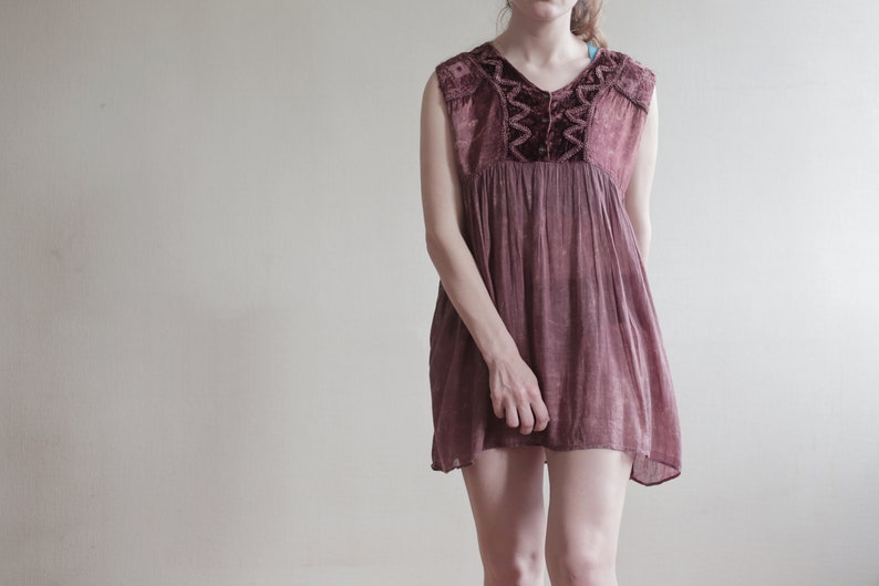 Vintage MINI DRESS Dark Chestnut Brown Retro Summer Cotton Above Knee Women's Laced Sleeveless Pastel Loose Trapeze Laced Tunic image 7