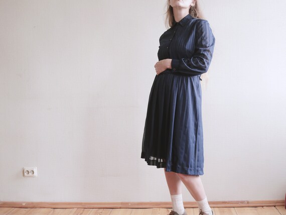 Vintage DRESS Dark Navy Blue Striped Retro Patter… - image 2