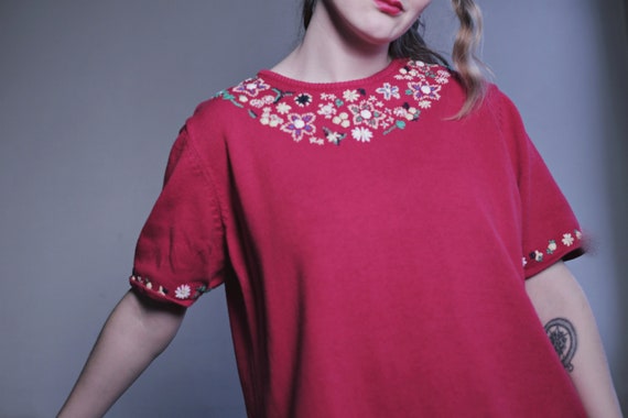 Vintage SHIRT Red Embroidered Retro Flower Patter… - image 3