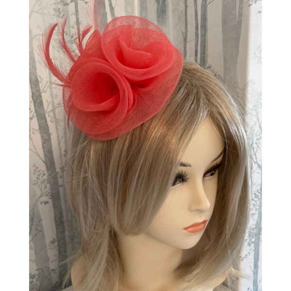 Coral Net with Feather Fascinator Corsage on a Clip Bridal Prom Races Race Day Wedding Hair Piece Clip Kentucky Derby Cheltenham Races