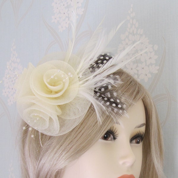 Cream Beaded Feather Fascinator Clip Corsage Hair Accessory Bridal Prom Races Race Day Wedding Hair Piece Ascot Races Kentucky Derby