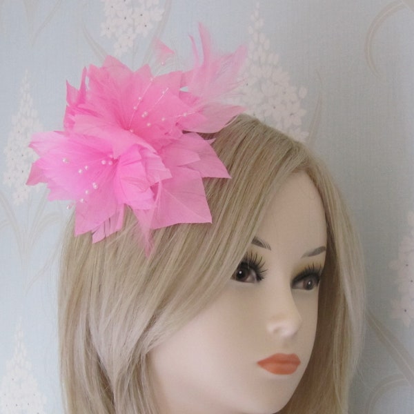 Full Baby Pink Feather Fascinator on a Comb or Corsage Bridal Prom Races Race Day Wedding Hair Piece Clip Cheltenham Cup Aintree Races