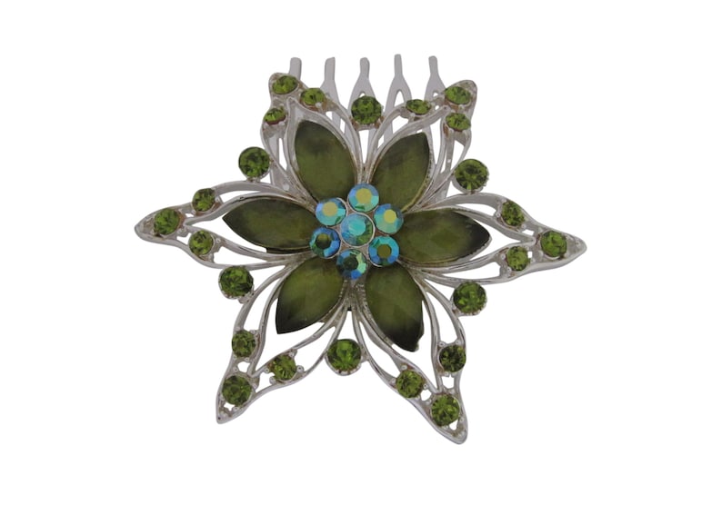 Silver Plated Green Glass and Crystal Flower Hair Comb Wedding Jewelry Bridal Hair Comb Headpiece Hair Accessory Bridal Whimsical Wedding