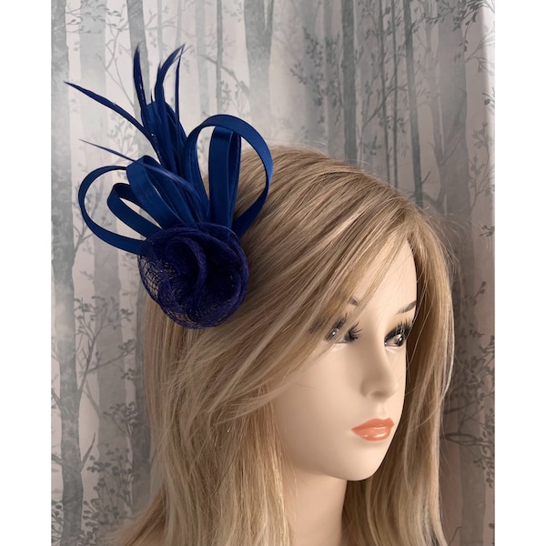 Royal Blue Satin Flower Design Sinamay Feather Fascinator Corsage on a Clip Bridal Prom Races Day Wedding Hair Piece Clip Kentucky Derby