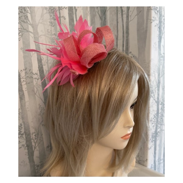 Pink Sinamay and Feather Fascinator Corsage on a Clip Bridal Prom Races Race Day Wedding Hair Piece Clip Kentucky Derby Cheltenham Races