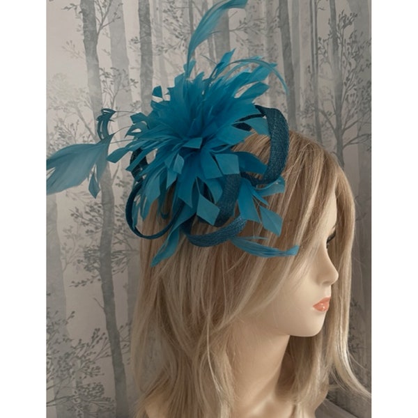 Blue Sinamay Feather Wedding Fascinator on Comb Kentucky Derby Hat Net Head Piece Sinamay Hat Grand National Race Day Cheltenham Races