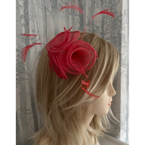 Coral Sinamay with Feather Fascinator Corsage on a Clip Bridal Prom Races Race Day Wedding Hair Piece Clip Kentucky Derby Cheltenham Races