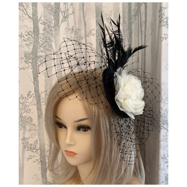 Black and White Silk Feather and Net Wedding Fascinator or Corsage on Clip Kentucky Derby Hat Grand National Race Day Cheltenham Races