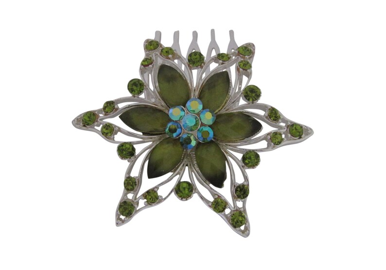 Silver Plated Green Glass and Crystal Flower Hair Comb Wedding Jewelry Bridal Hair Comb Headpiece Hair Accessory Bridal Whimsical Wedding