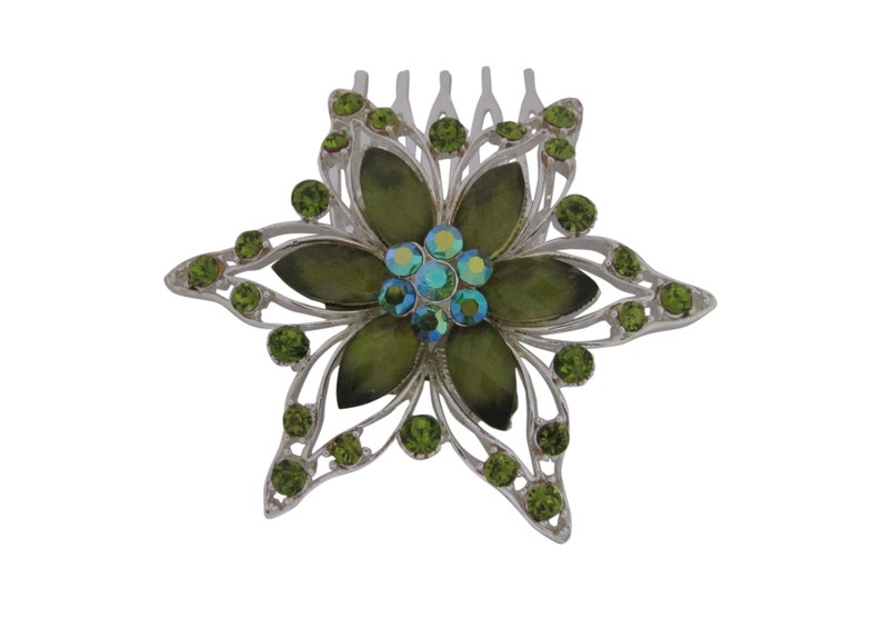 Silver Plated Green Glass and Crystal Flower Hair Comb Wedding Jewelry Bridal Hair Comb Headpiece Hair Accessory Bridal Whimsical Wedding