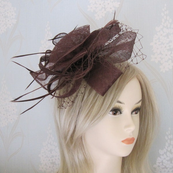 Mocha Brown Sinamay with Feather Fascinator on a Comb Bridal Prom Races Race Day Wedding Hair Piece Clip Kentucky Derby Grand National Races