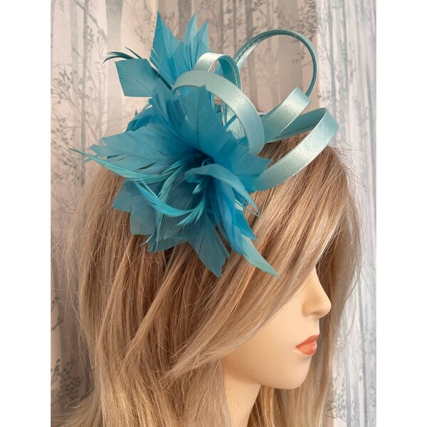 Ice Blue Satin and Feather Fascinator on Satin Headband Bridal Prom Races Race Day Wedding Hair Piece Ascot Races Derby