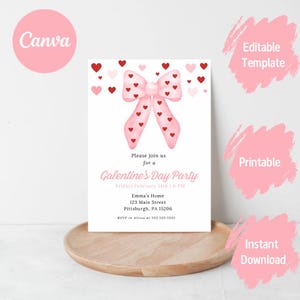 Bow Galentine&#39;s Day Invitation, Girls Night Party Invitation Template, Hand Drawn Bow Galentine&#39;s Invite Editable Template,  Valentines