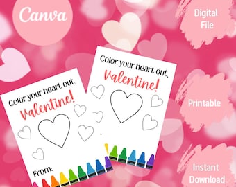 Op de afbeelding: Twee printbare Valentijnsdagkaarten met de tekst "Color your heart out, Valentine!" en een groot hart om in te kleuren. De kaarten zijn omringd door een roze achtergrond met harten.