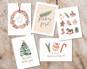Weihnachtskarten Set - 5 Stück mit Umschlag // hochwertige Grußkarten Weihnachten, handgemalte Weihnachtsmotive Aquarell, Naturpapier