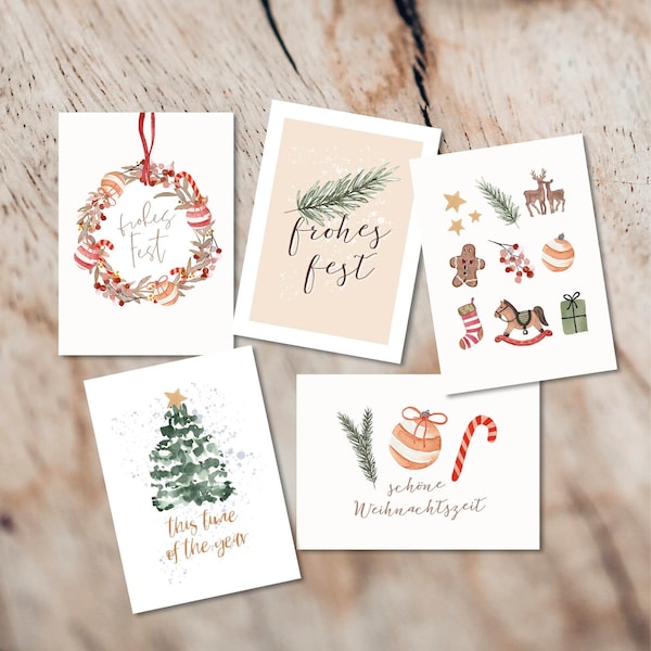 Weihnachtskarten Set - 5 Stück mit Umschlag // hochwertige Grußkarten Weihnachten, handgemalte Weihnachtsmotive Aquarell, Naturpapier
