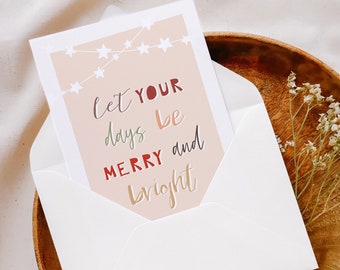 Weihnachtskarte Spruch "Merry & Bright" // Karte Weihnachten mit Kuvert und Sticker, mit Weihnachtsgrüßen und Sternen Girlande